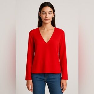 Topshop Women’s Red Long Sleeve Blouse Size 0P V-Neck Minimalist Workwear Casual